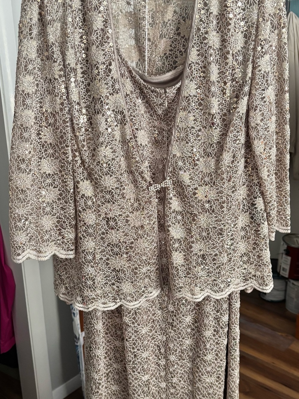 R& M Richard’s Lace Overlay Women's Formal DressSet in Taupe
